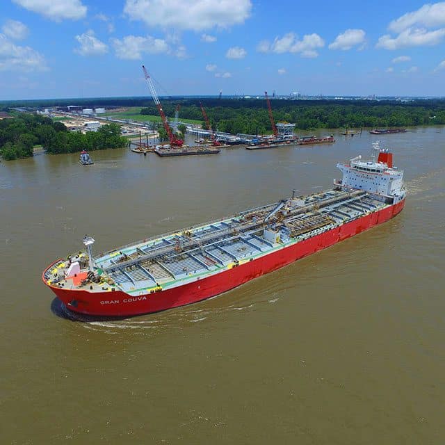 Drone inspection over a barge ship