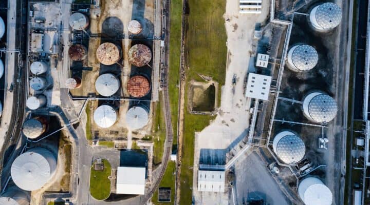 Overhead view of an oil and gas industrial facility