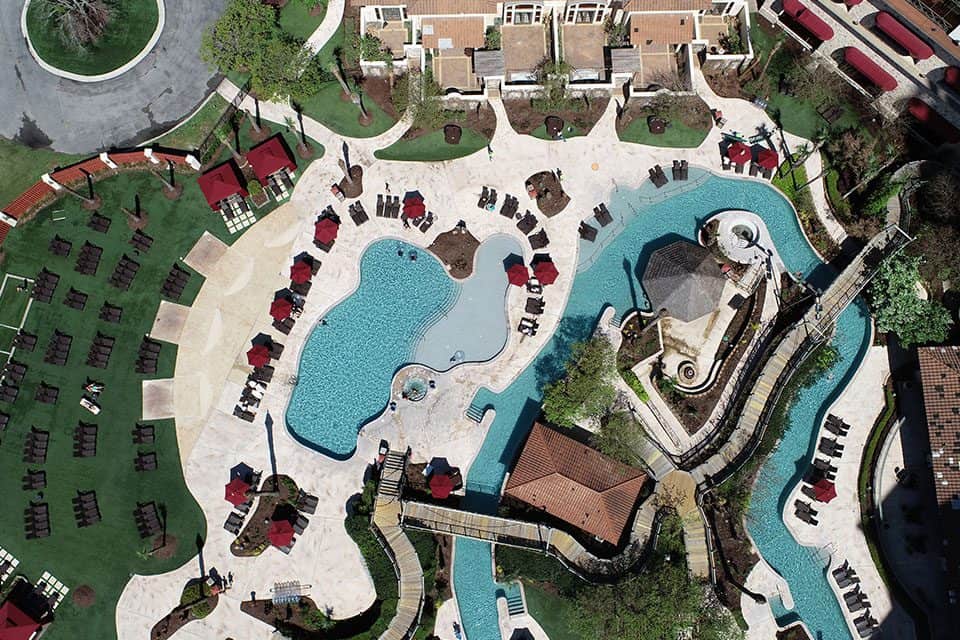 Aerial drone footage of a pool area