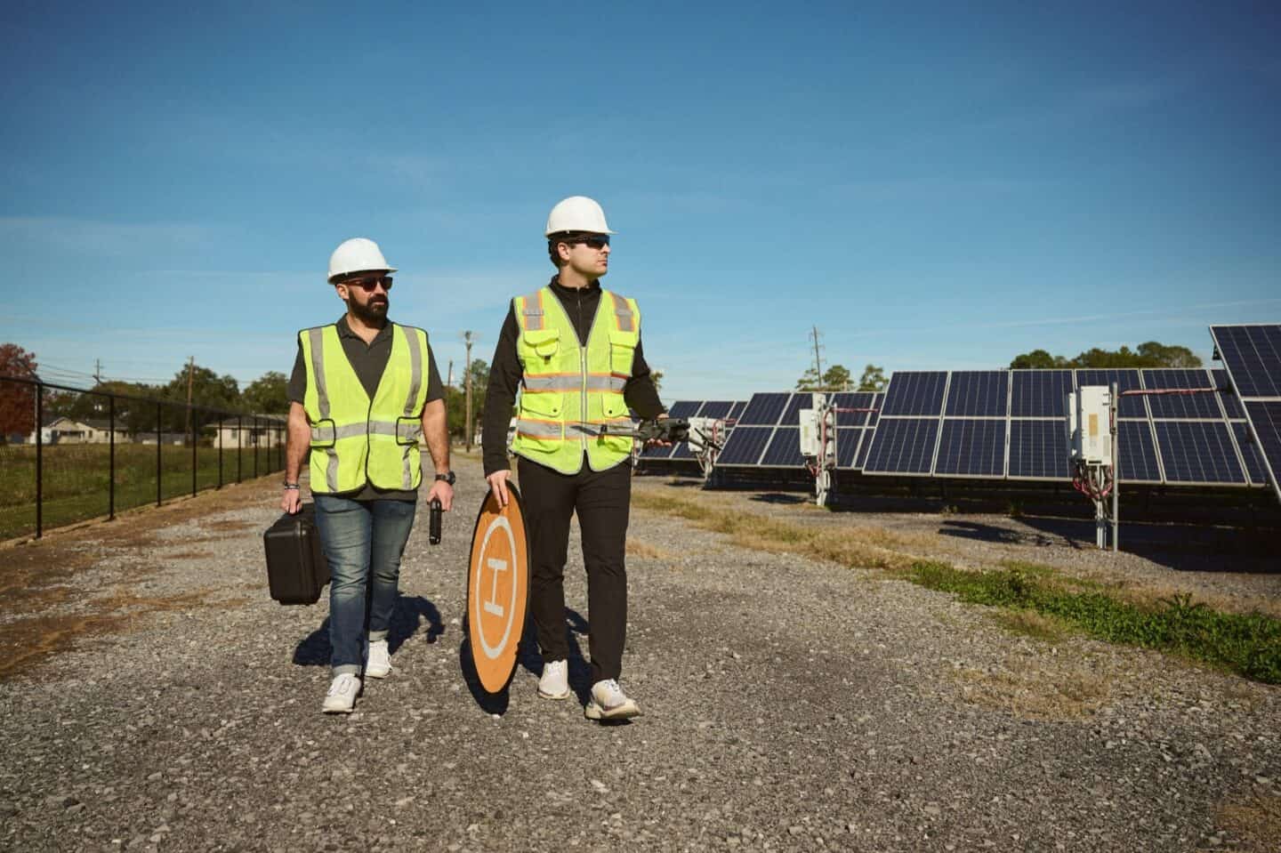 Two drone pilots walking through a solar farm